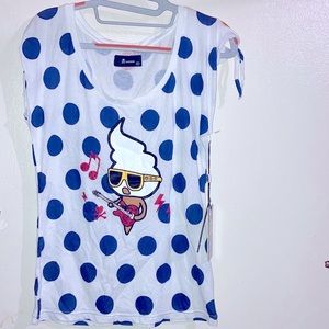 Tokidoki rock white with blue polka dot sleeveless tee